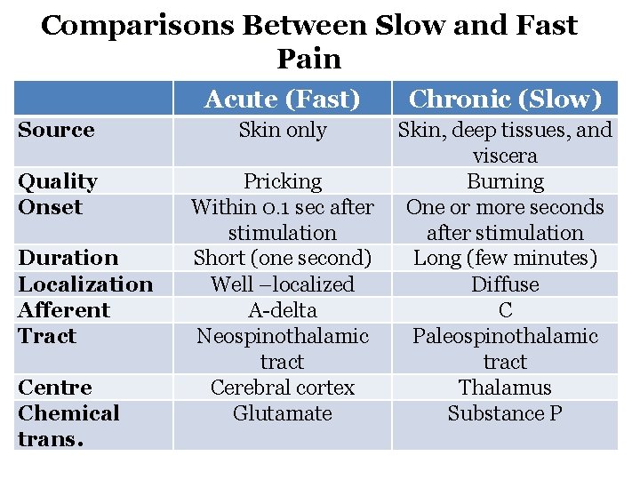 Comparisons Between Slow and Fast Pain Acute (Fast) Chronic (Slow) Source Skin only Quality