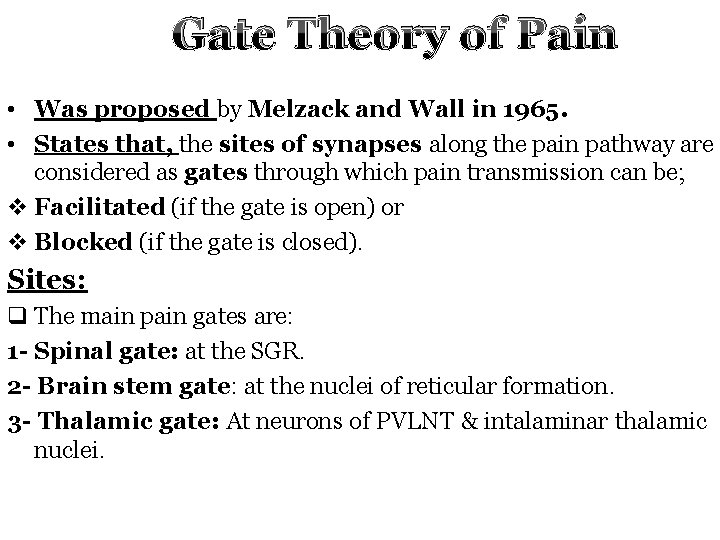 Gate Theory of Pain • Was proposed by Melzack and Wall in 1965. •