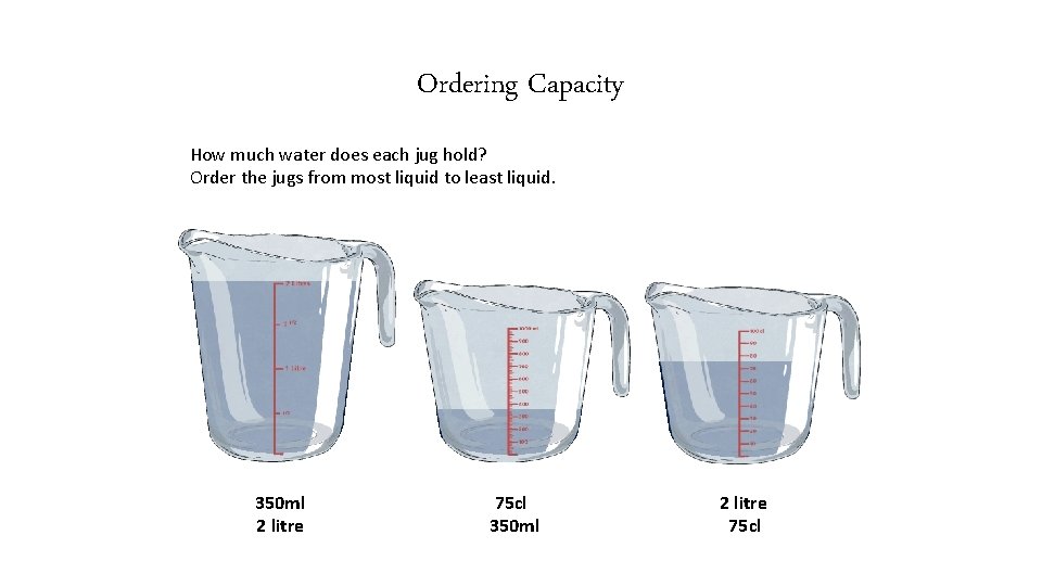 Ordering Capacity How much water does each jug hold? Order the jugs from most