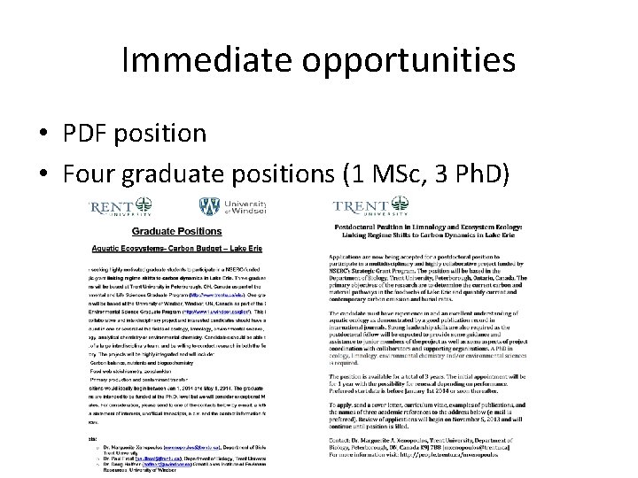 Immediate opportunities • PDF position • Four graduate positions (1 MSc, 3 Ph. D)