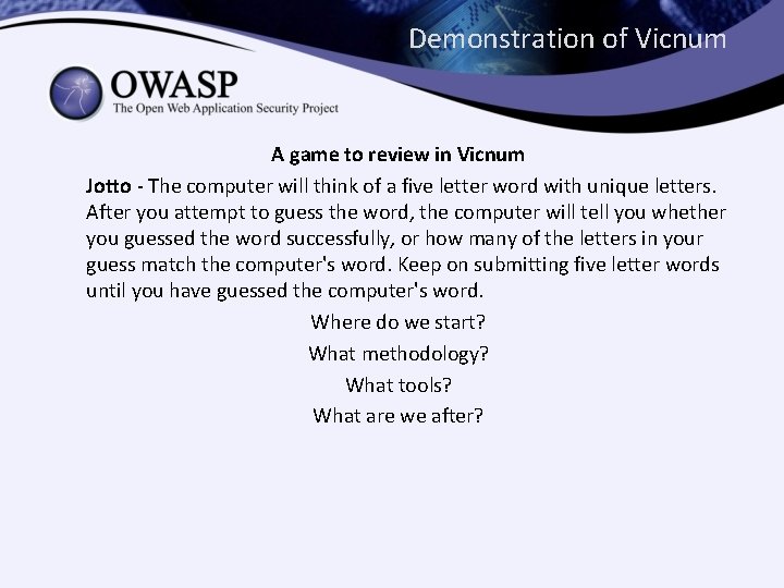 Demonstration of Vicnum A game to review in Vicnum Jotto - The computer will