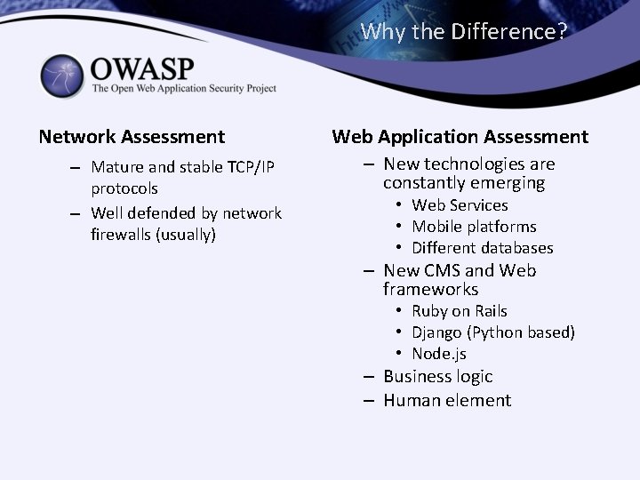 Why the Difference? Network Assessment – Mature and stable TCP/IP protocols – Well defended