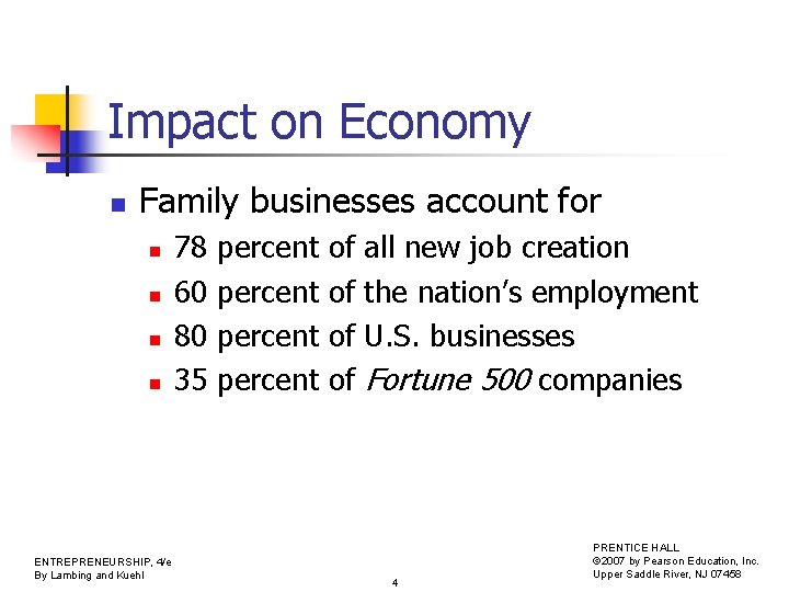 Impact on Economy n Family businesses account for n n ENTREPRENEURSHIP, 4/e By Lambing