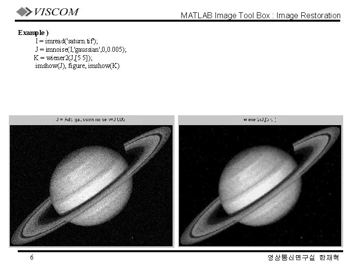 MATLAB Image Tool Box : Image Restoration Example ) I = imread('saturn. tif'); J