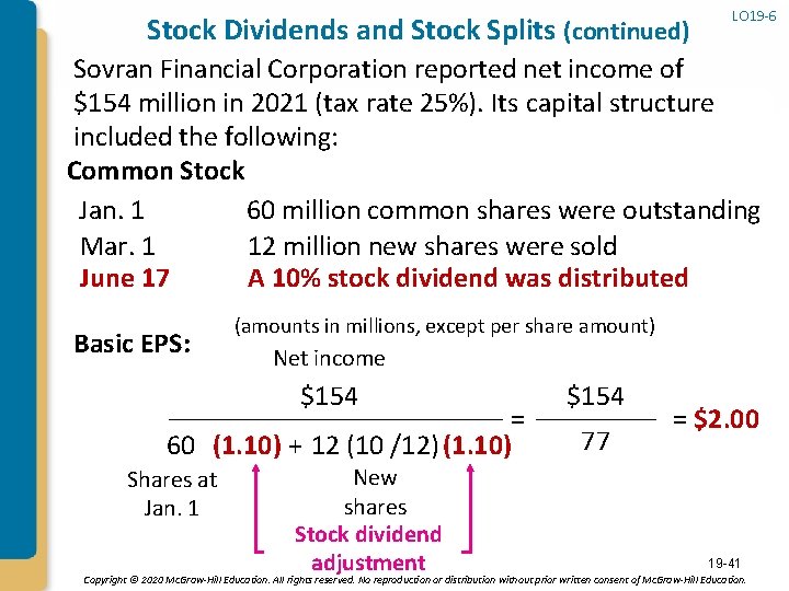 Stock Dividends and Stock Splits (continued) LO 19 -6 Sovran Financial Corporation reported net