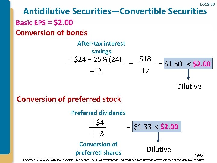 LO 19 -10 Antidilutive Securities—Convertible Securities Basic EPS = $2. 00 Conversion of bonds