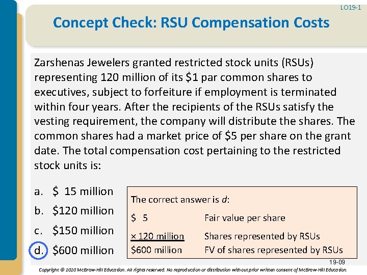 LO 19 -1 Concept Check: RSU Compensation Costs Zarshenas Jewelers granted restricted stock units