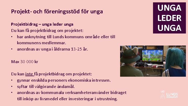 Projekt- och föreningsstöd för unga Projektbidrag – unga leder unga Du kan få projektbidrag