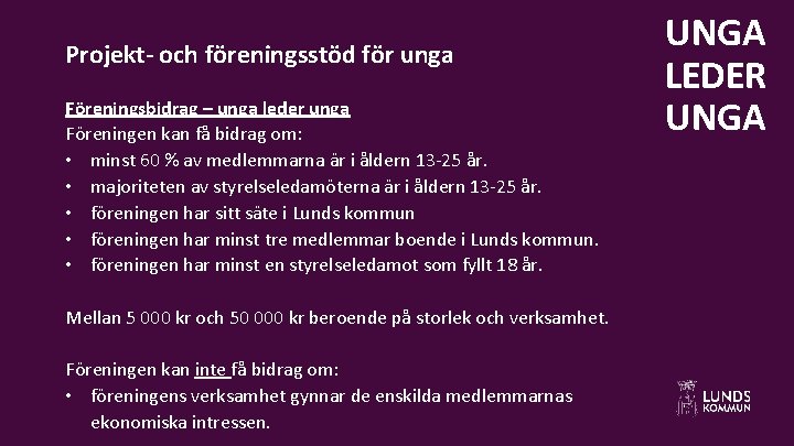 Projekt- och föreningsstöd för unga Föreningsbidrag – unga leder unga Föreningen kan få bidrag