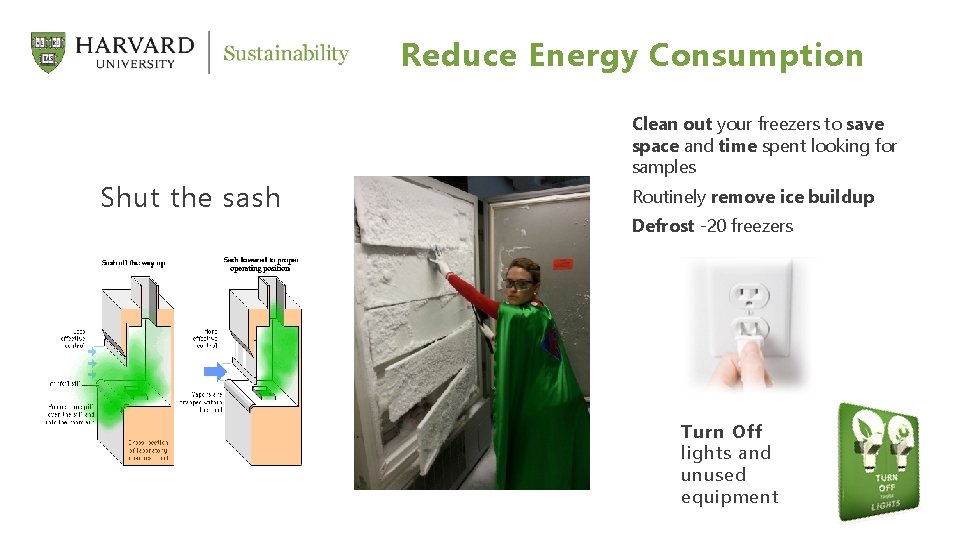 Reduce Energy Consumption Shut the sash Clean out your freezers to save space and