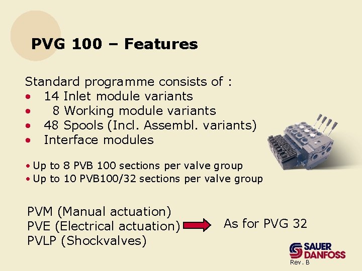 PVG 100 – Features Standard programme consists of : • 14 Inlet module variants