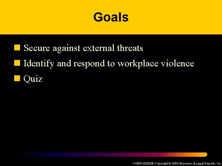 Goals n Secure against external threats n Identify and respond to workplace violence n