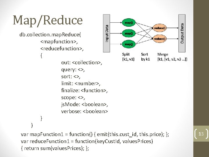 Map/Reduce db. collection. map. Reduce( <mapfunction>, <reducefunction>, { out: <collection>, query: <>, sort: <>,