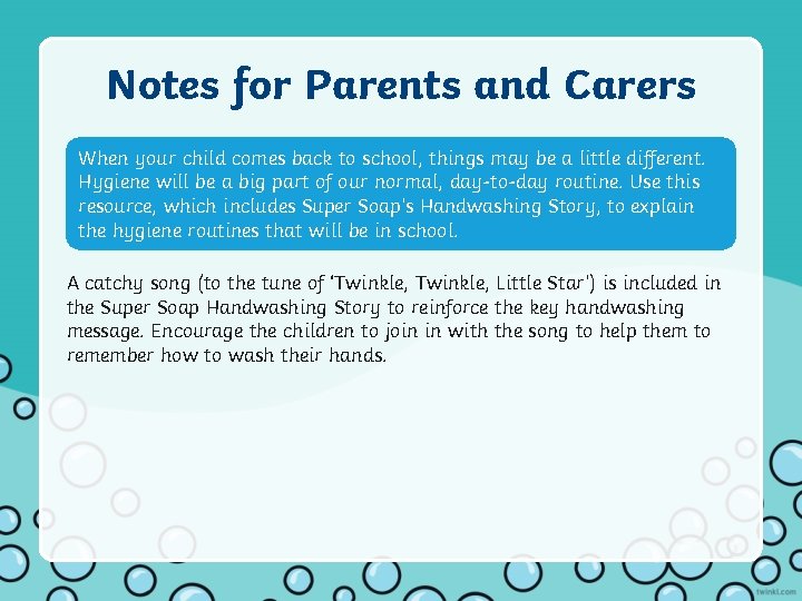 Notes for Parents and Carers When your child comes back to school, things may