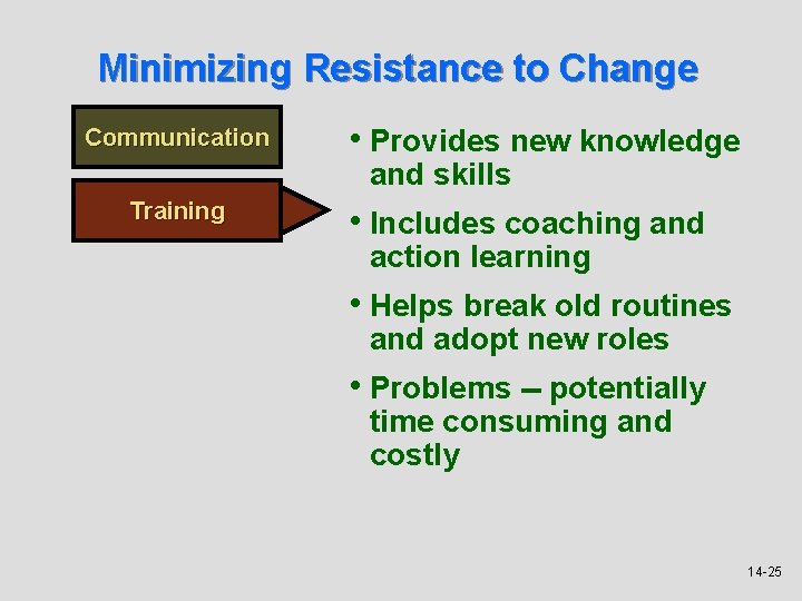 Minimizing Resistance to Change Communication • Provides new knowledge and skills Training • Includes