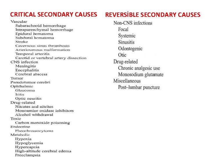 CRITICAL SECONDARY CAUSES REVERSİBLE SECONDARY CAUSES 