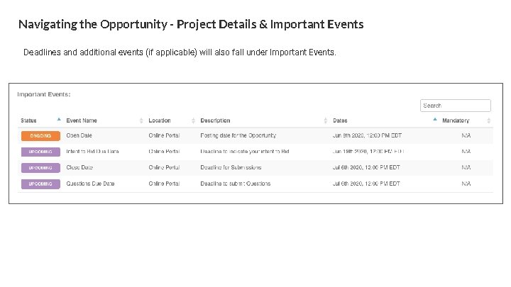 Navigating the Opportunity - Project Details & Important Events Deadlines and additional events (if