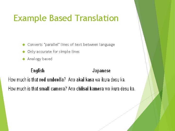 Example Based Translation Converts "parallel" lines of text between language Only accurate for simple