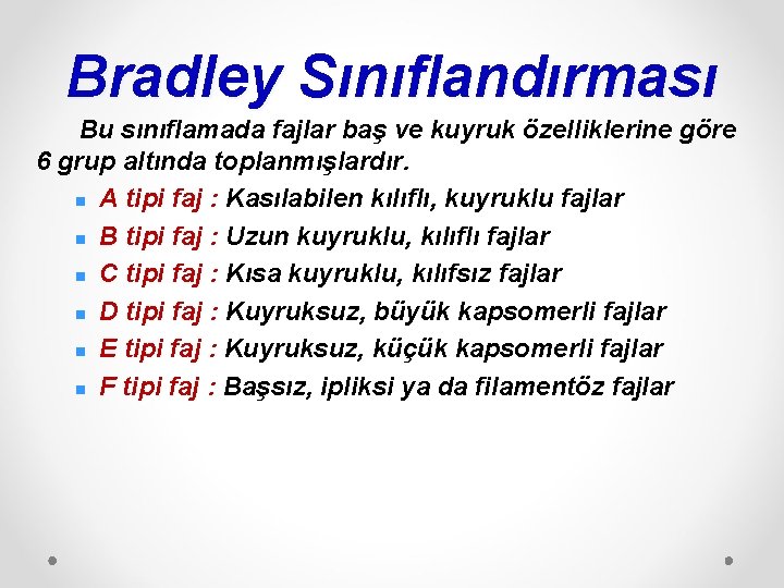 Bradley Sınıflandırması Bu sınıflamada fajlar baş ve kuyruk özelliklerine göre 6 grup altında toplanmışlardır.