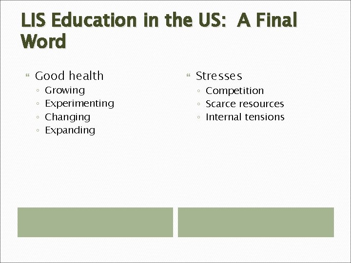 LIS Education in the US: A Final Word Good health ◦ ◦ Growing Experimenting