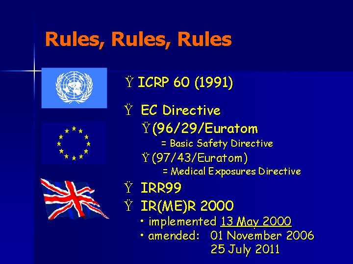 Rules, Rules Ÿ ICRP 60 (1991) Ÿ EC Directive Ÿ (96/29/Euratom = Basic Safety
