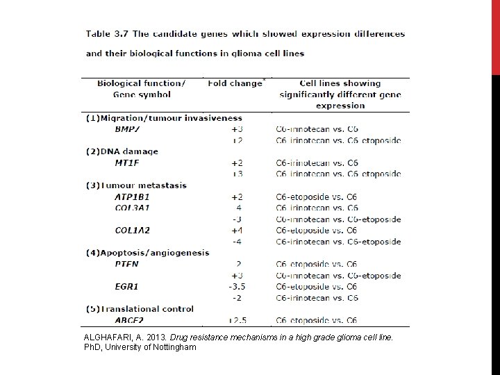 ALGHAFARI, A. 2013. Drug resistance mechanisms in a high grade glioma cell line. Ph.
