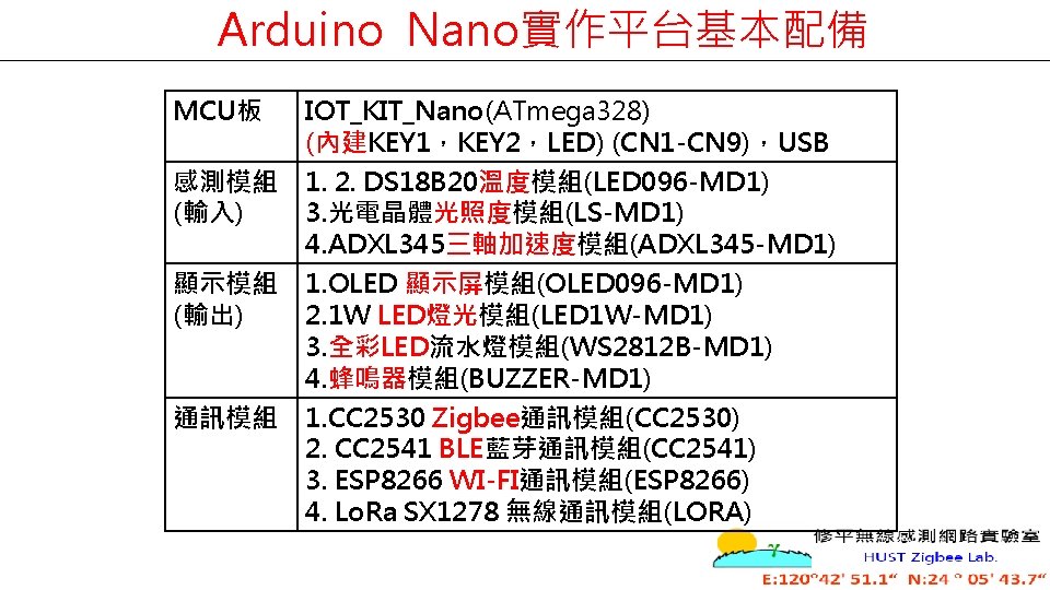 Arduino Nano實作平台基本配備 MCU板 IOT_KIT_Nano(ATmega 328) (內建KEY 1，KEY 2，LED) (CN 1 -CN 9)，USB 感測模組 (輸入)