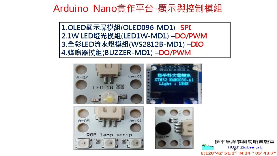Arduino Nano實作平台-顯示與控制模組 1. OLED顯示屏模組(OLED 096 -MD 1) -SPI 2. 1 W LED燈光模組(LED 1 W-MD