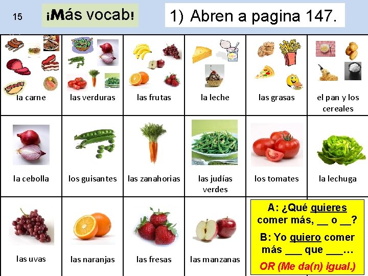 15 ¡Más vocab! 1) Abren a pagina 147. la carne las verduras las frutas