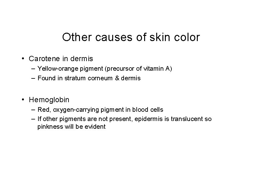 Other causes of skin color • Carotene in dermis – Yellow-orange pigment (precursor of