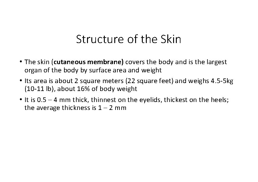 Structure of the Skin • The skin (cutaneous membrane) covers the body and is