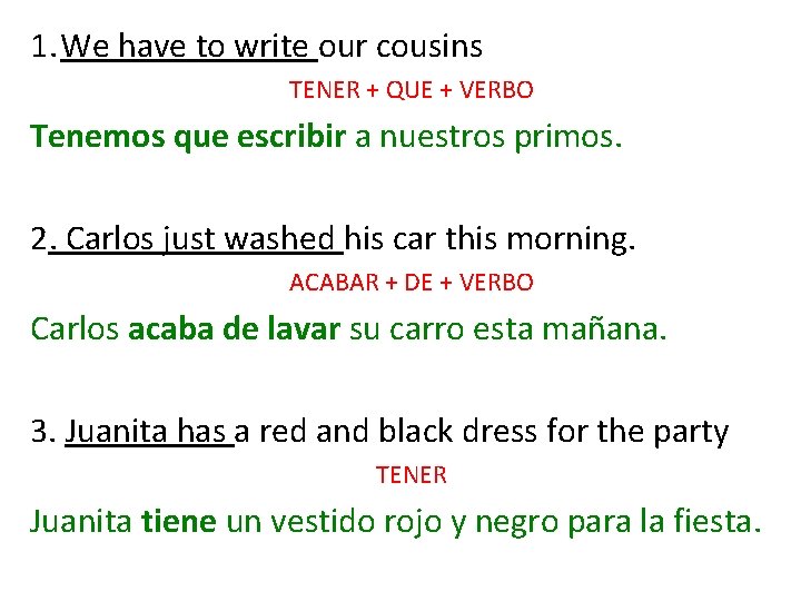 1. We have to write our cousins TENER + QUE + VERBO Tenemos que