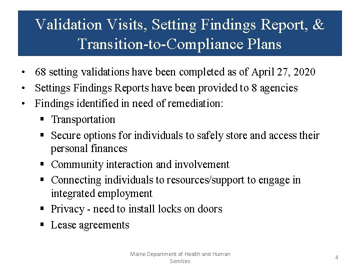 Validation Visits, Setting Findings Report, & Transition-to-Compliance Plans • 68 setting validations have been Validation Visits, Setting Findings Report, & Transition-to-Compliance Plans • 68 setting validations have been