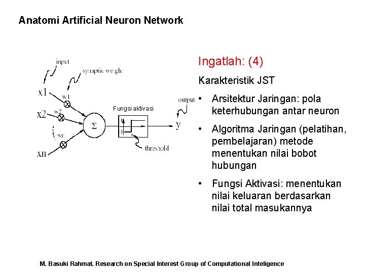 Anatomi Artificial Neuron Network Ingatlah: (4) Karakteristik JST Fungsi aktivasi • Arsitektur Jaringan: pola