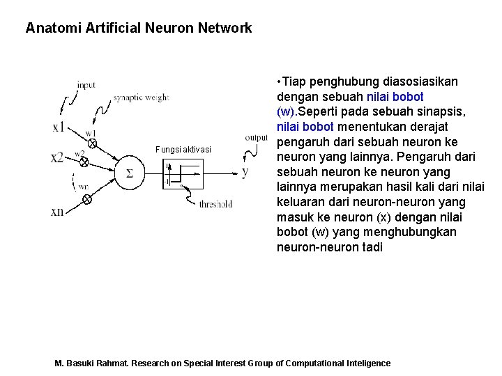 Anatomi Artificial Neuron Network Fungsi aktivasi • Tiap penghubung diasosiasikan dengan sebuah nilai bobot
