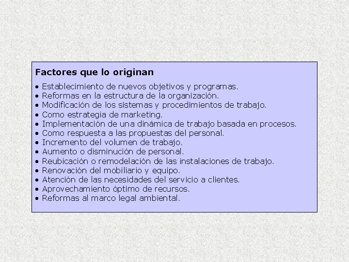 Factores que lo originan • • • • Establecimiento de nuevos objetivos y programas.