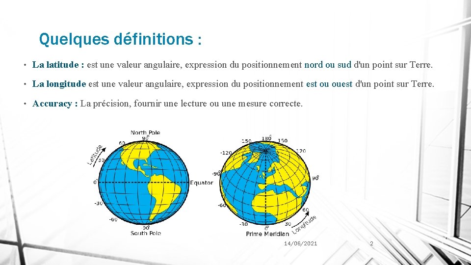 Quelques définitions : • La latitude : est une valeur angulaire, expression du positionnement