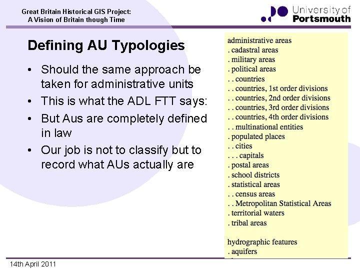 Great Britain Historical GIS Project: A Vision of Britain though Time Defining AU Typologies
