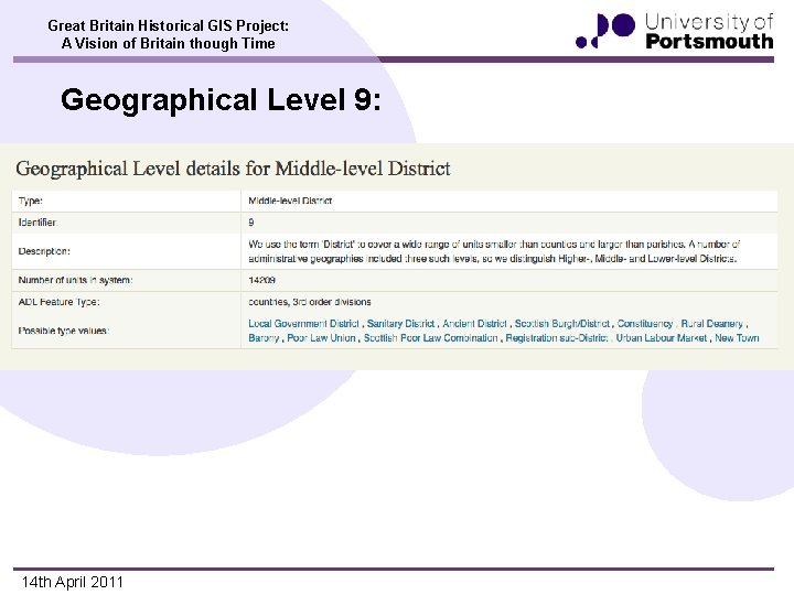 Great Britain Historical GIS Project: A Vision of Britain though Time Geographical Level 9: