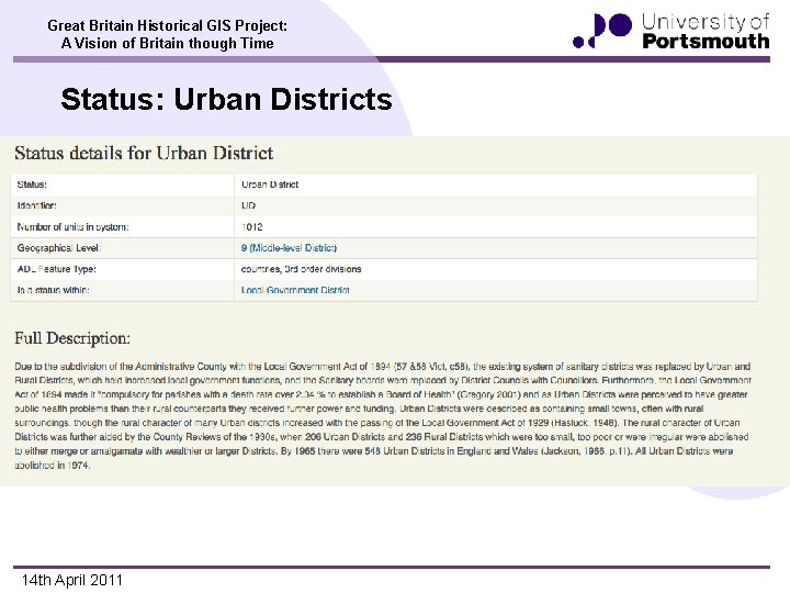 Great Britain Historical GIS Project: A Vision of Britain though Time Status: Urban Districts