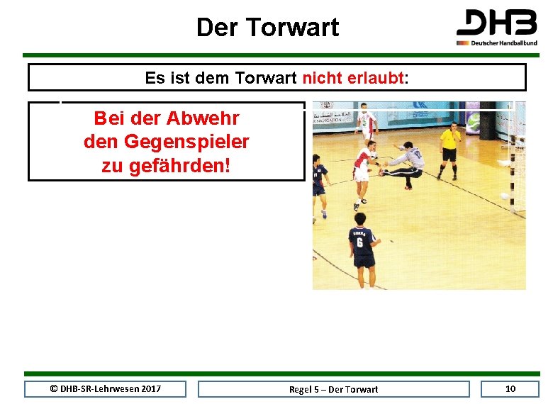Der Torwart Es ist dem Torwart nicht erlaubt: Bei der Abwehr den Gegenspieler zu