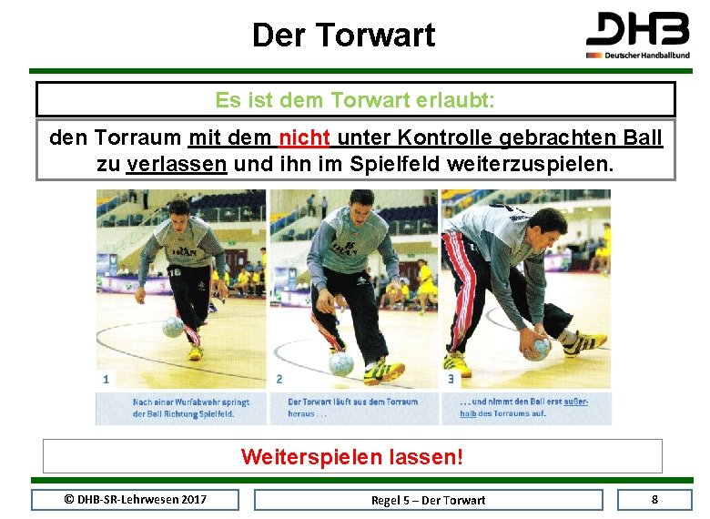 Der Torwart Es ist dem Torwart erlaubt: den Torraum mit dem nicht unter Kontrolle