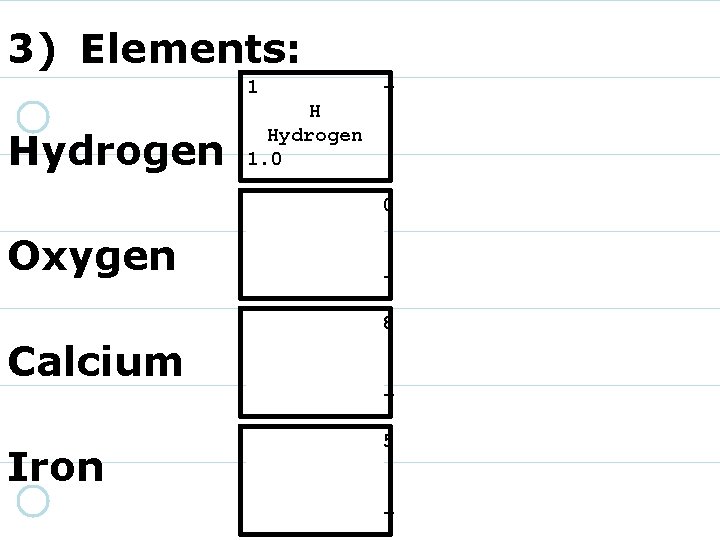 3) Elements: 1 Hydrogen + H Hydrogen 1. 0 8 16. 00 O Oxygen