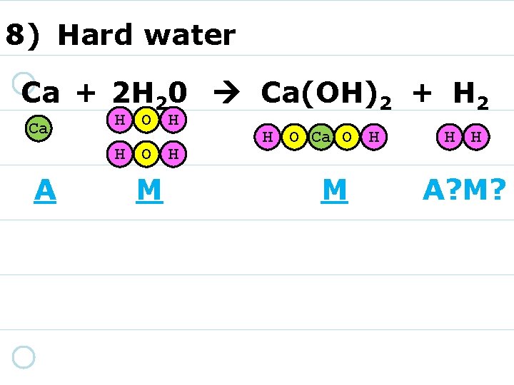 8) Hard water Ca + 2 H 20 Ca(OH)2 + H 2 Ca H