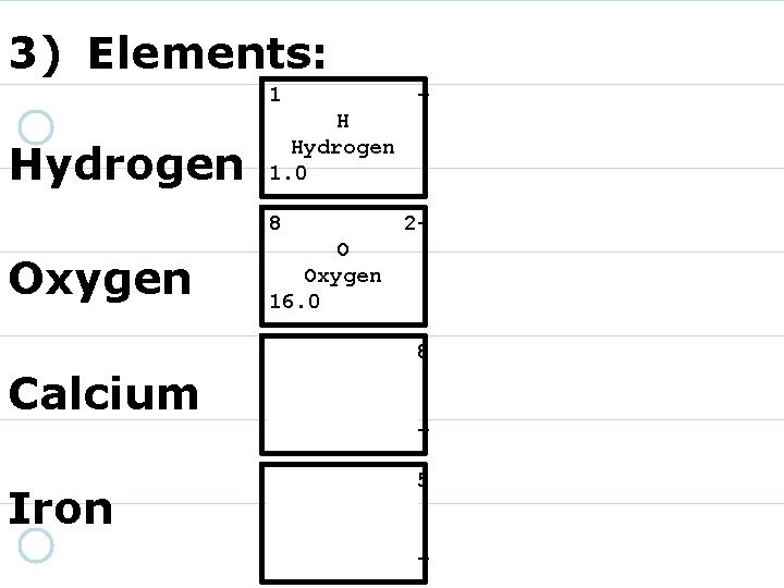 3) Elements: 1 Hydrogen + H Hydrogen 1. 0 8 Oxygen 2 - O