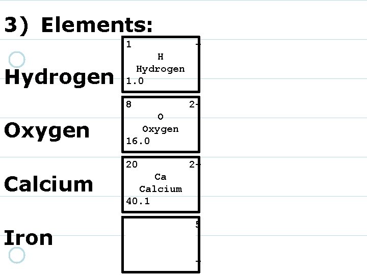 3) Elements: 1 Hydrogen + H Hydrogen 1. 0 8 Oxygen 2 - O