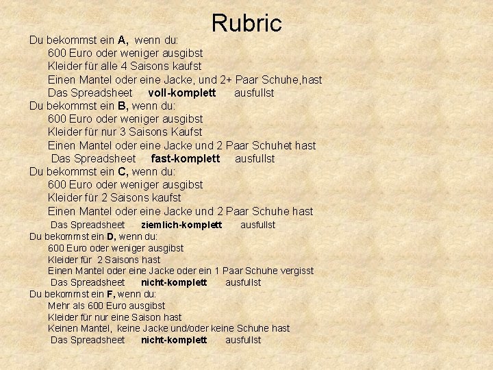 Rubric Du bekommst ein A, wenn du: 600 Euro oder weniger ausgibst Kleider für
