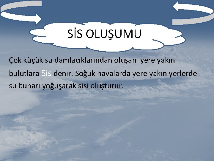 SİS OLUŞUMU Çok küçük su damlacıklarından oluşan yere yakın bulutlara Sis denir. Soğuk havalarda