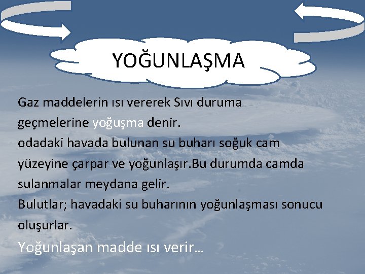 YOĞUNLAŞMA Gaz maddelerin ısı vererek Sıvı duruma geçmelerine yoğuşma denir. odadaki havada bulunan su