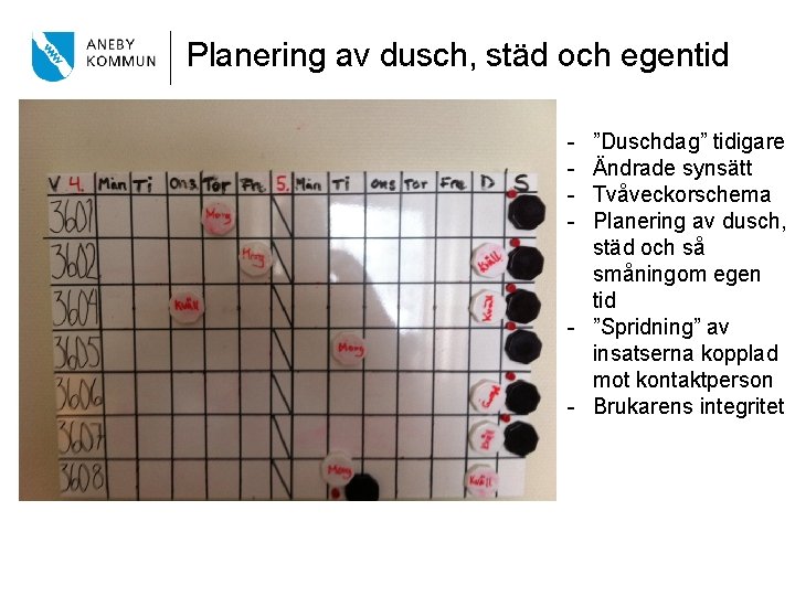 Planering av dusch, städ och egentid - ”Duschdag” tidigare Ändrade synsätt Tvåveckorschema Planering av